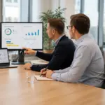 © RKW Bayern / Bild erstellt mit ChatGPT Zwei Datenschutzverantwortliche sitzen vor einem Bildschirm mit einem Datenschutz- oder Compliance-Dashboard.